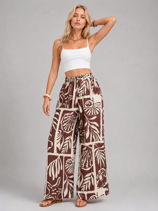 Pants - Women’s Brown Boho Tropical Print Wide Leg Palazzo Beach Vacation Pants Chic